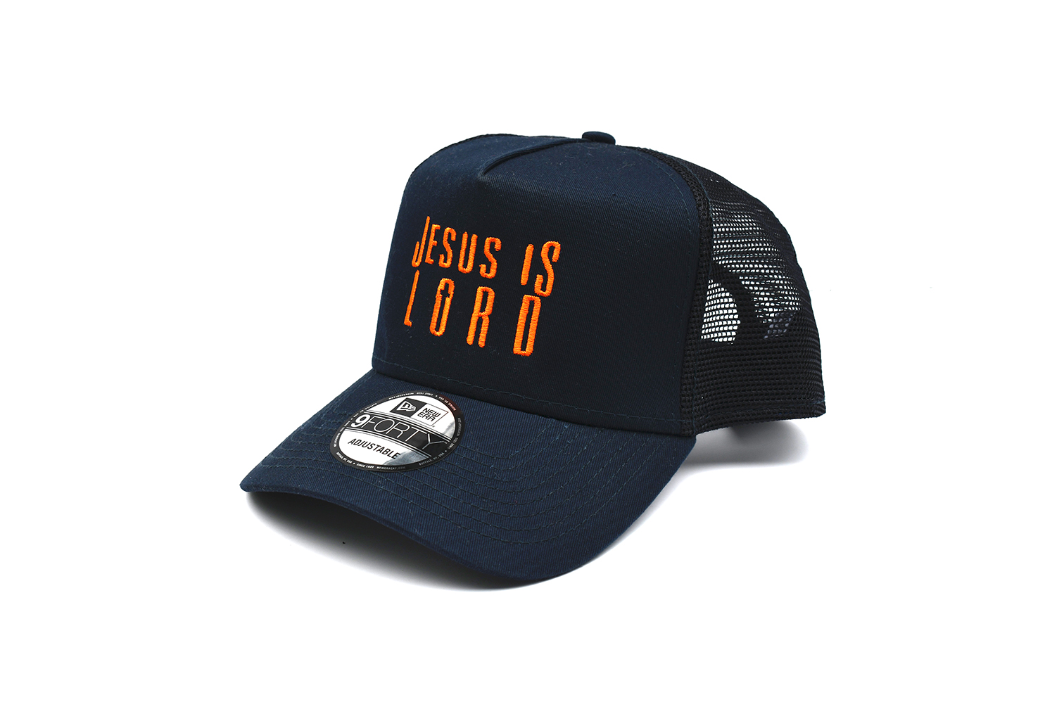 JESUS IS LORD Navy / Orange 9FORTY Flexfit Hat - kjvprepper